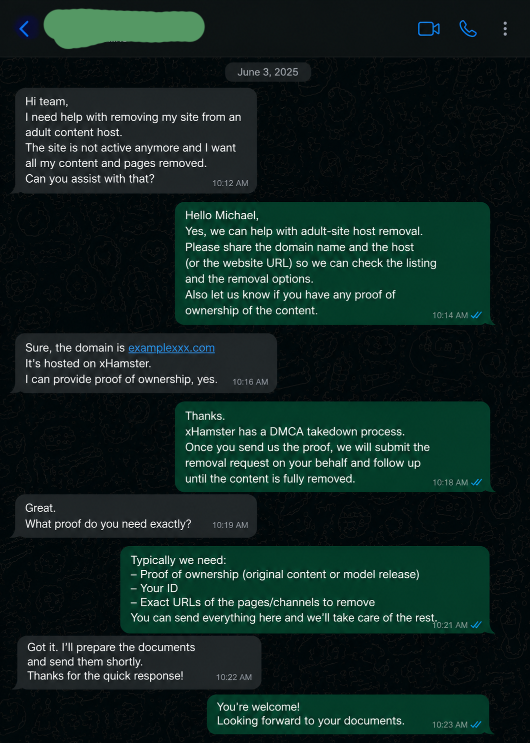 Anonymized client correspondence about an adult-site host-removal route