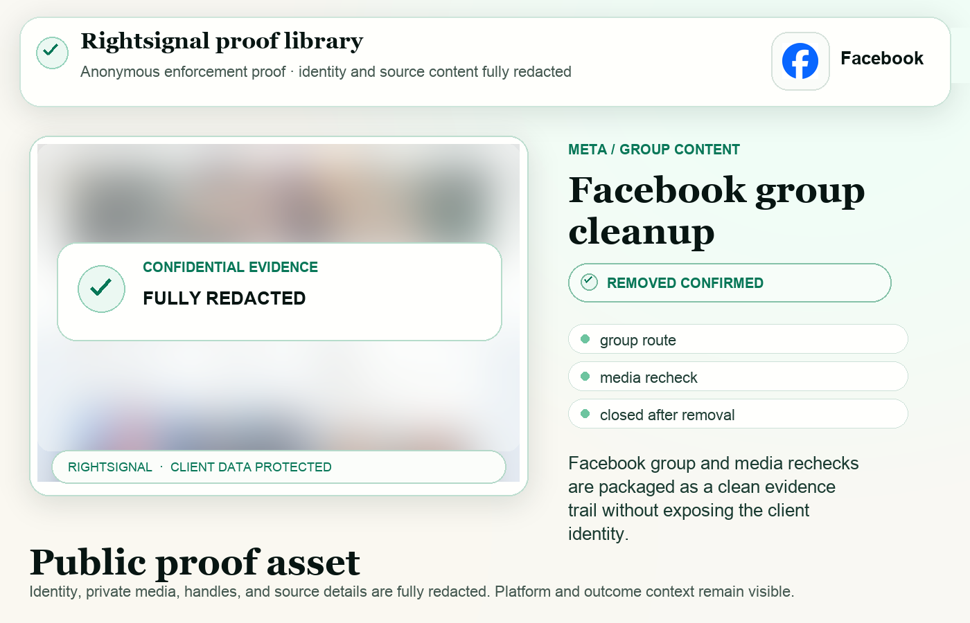Повністю анонімізований доказ видалення контенту з групи Facebook