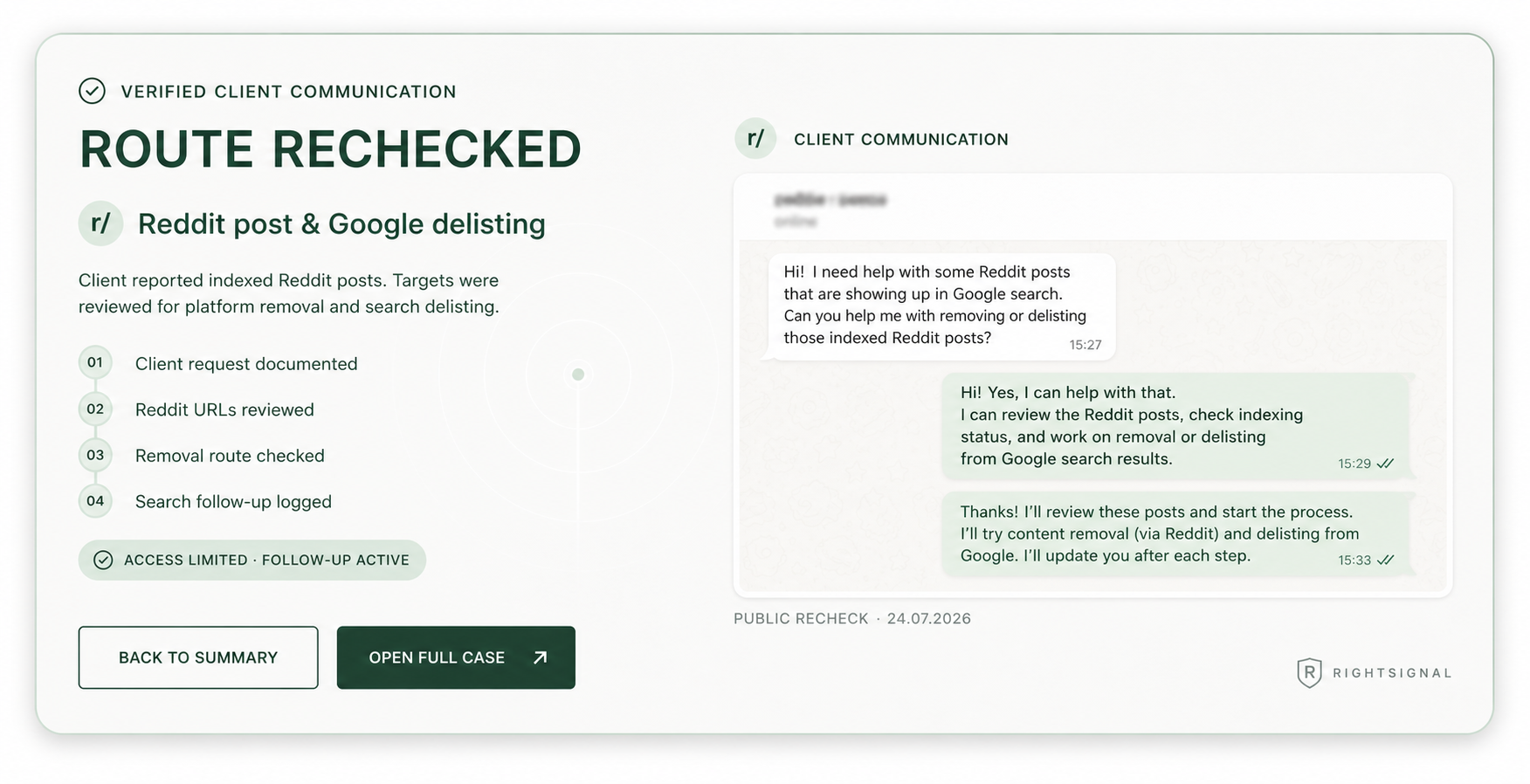 Anonymized Reddit client communication and route recheck evidence