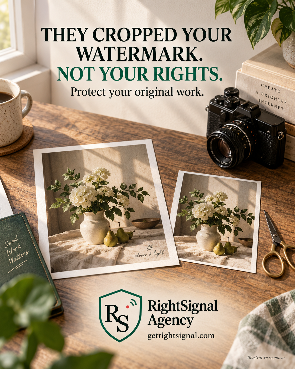 Illustrative creator desk comparing an original watermarked flower photograph with a cropped copy