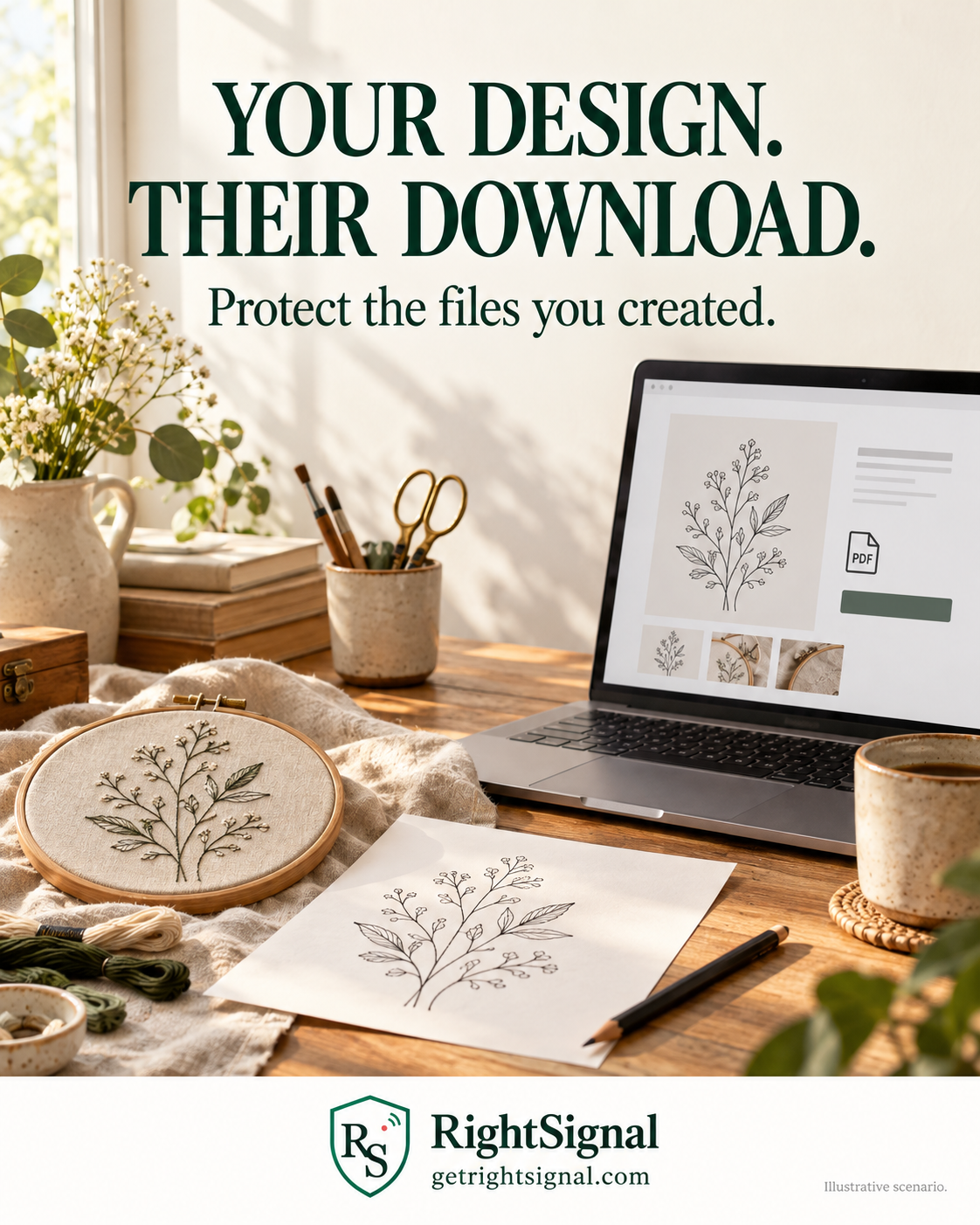 Fictional botanical pattern beside embroidery and a laptop preview