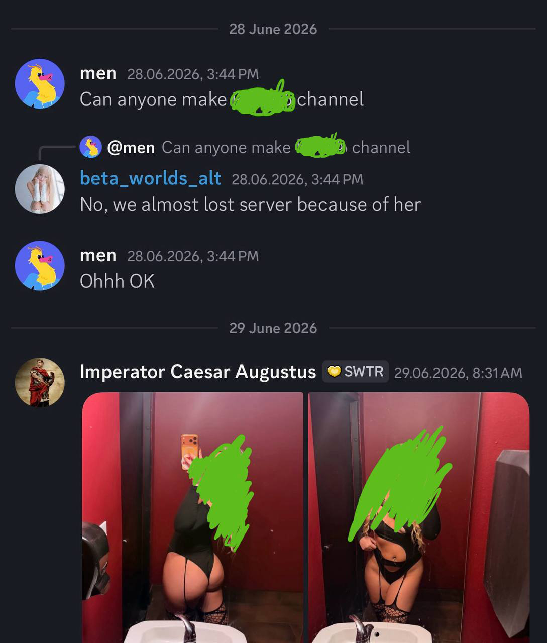 Redacted Discord leak-channel conversation showing members warning against creating another channel for a monitored creator