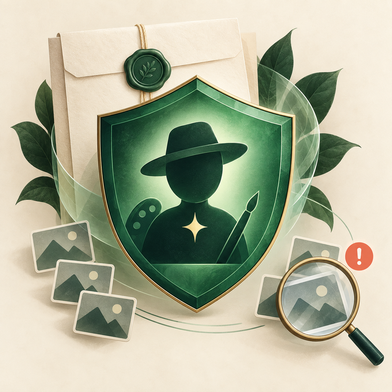 Illustration of a creator pseudonym protected by a shield while copied media is reviewed
