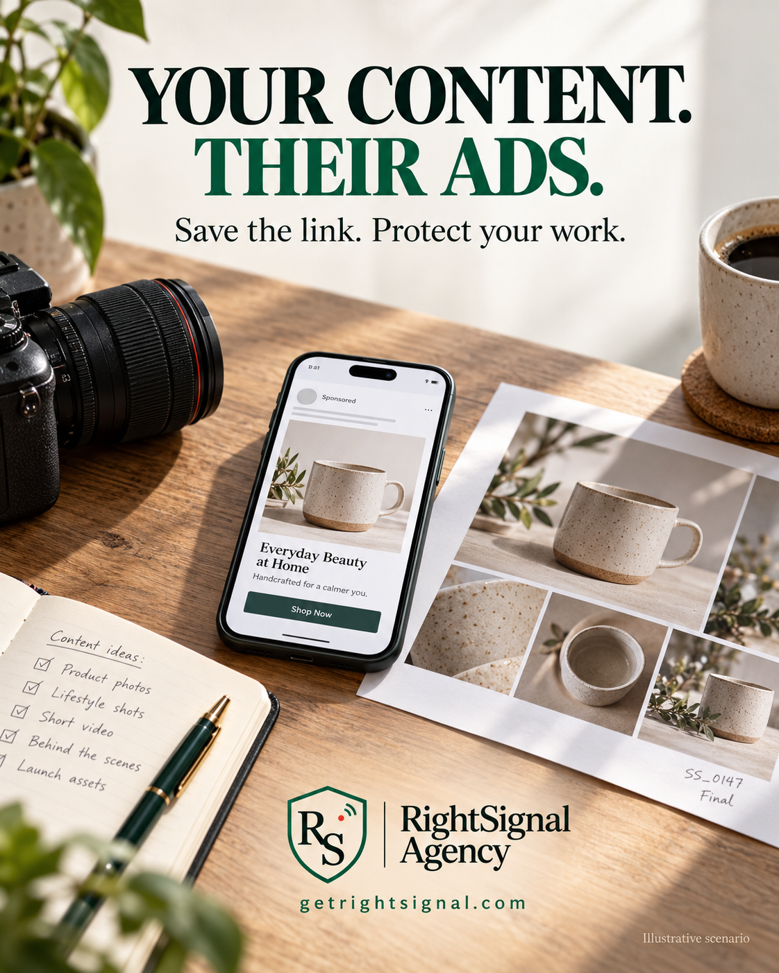 Illustrative creator desk with an original product photograph reused in a fictional advertisement